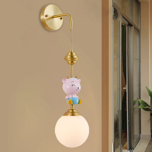 Globe Wall Lighting Fixture Cartoon Opaque Glass 1 Head Gold Wall Mounted Lamp with Sheep/Monkey/Rabbit Deco Clearhalo 'Wall Lamps & Sconces' 'Wall Lights' Lighting' 1724154