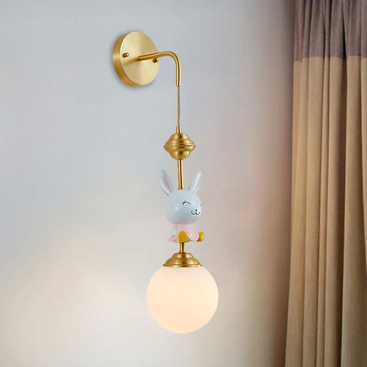 Globe Wall Lighting Fixture Cartoon Opaque Glass 1 Head Gold Wall Mounted Lamp with Sheep/Monkey/Rabbit Deco Clearhalo 'Wall Lamps & Sconces' 'Wall Lights' Lighting' 1724159