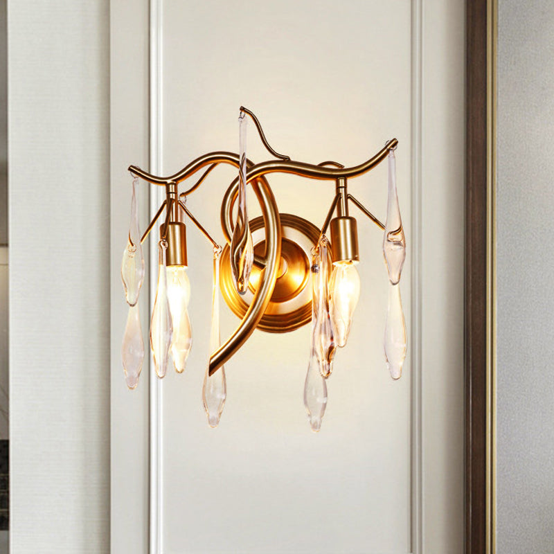 Retro 2 Heads Wall Lighting Ideas Gold Raindrop Wall Mount Light with Crystal Drop Shade Gold Clearhalo 'Modern wall lights' 'Modern' 'Wall Lamps & Sconces' 'Wall Lights' Lighting' 1724234