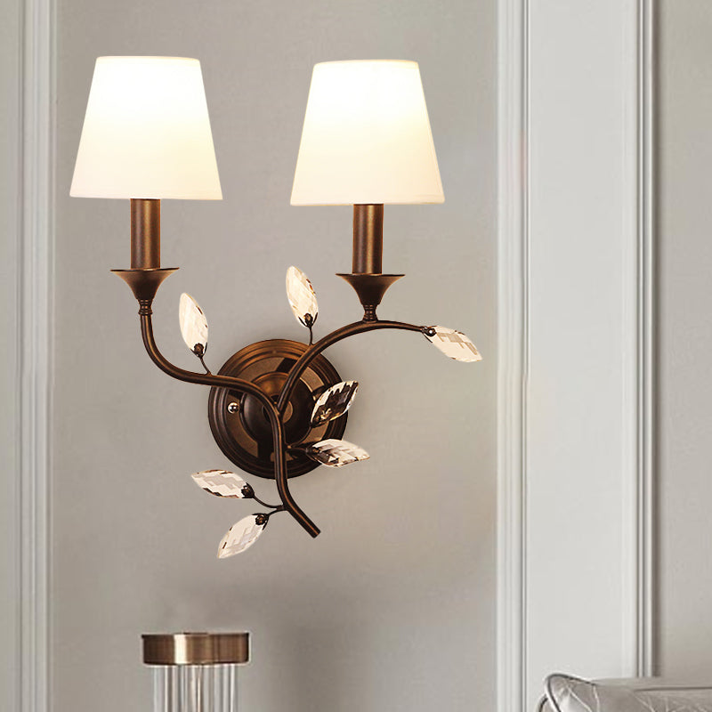 Leave Beveled Crystal Wall Mount Lamp Minimalism 2 Bulbs Black/Gold Wall Lighting Ideas with Conic Fabric Shade Black Clearhalo 'Cast Iron' 'Glass' 'Industrial' 'Modern wall lights' 'Modern' 'Tiffany' 'Traditional wall lights' 'Wall Lamps & Sconces' 'Wall Lights' Lighting' 1724267