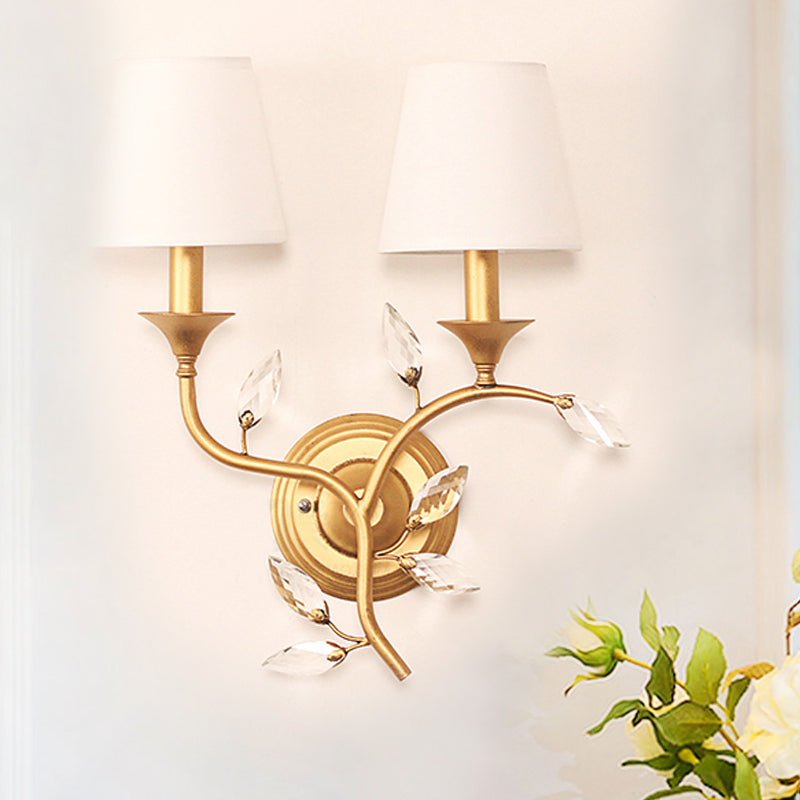 Leave Beveled Crystal Wall Mount Lamp Minimalism 2 Bulbs Black/Gold Wall Lighting Ideas with Conic Fabric Shade Gold Clearhalo 'Cast Iron' 'Glass' 'Industrial' 'Modern wall lights' 'Modern' 'Tiffany' 'Traditional wall lights' 'Wall Lamps & Sconces' 'Wall Lights' Lighting' 1724271