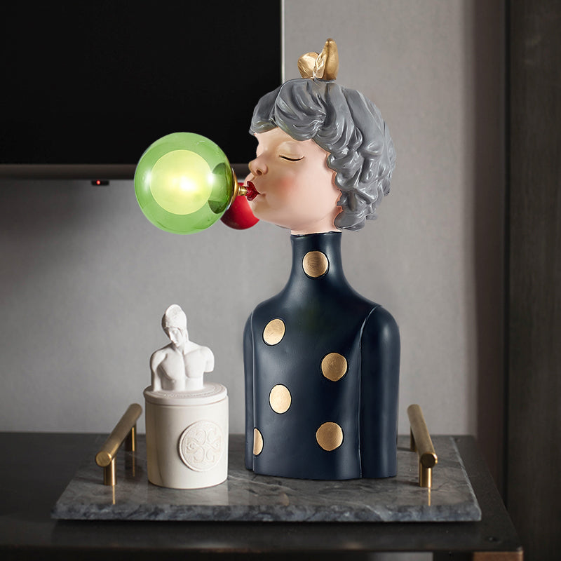 Blowing Bubble Girl Resin Desk Light Cartoon 1 Bulb Black Night Lamp with Clear/Blue/Green Glass Shade Green Clearhalo 'Lamps' 'Table Lamps' Lighting' 1724305