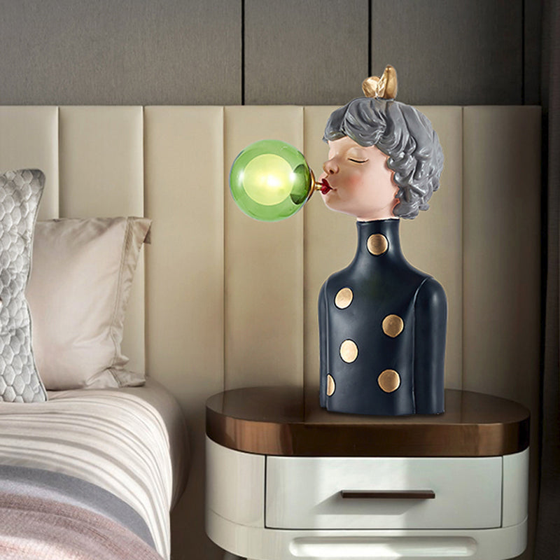 Blowing Bubble Girl Resin Desk Light Cartoon 1 Bulb Black Night Lamp with Clear/Blue/Green Glass Shade Clearhalo 'Lamps' 'Table Lamps' Lighting' 1724306