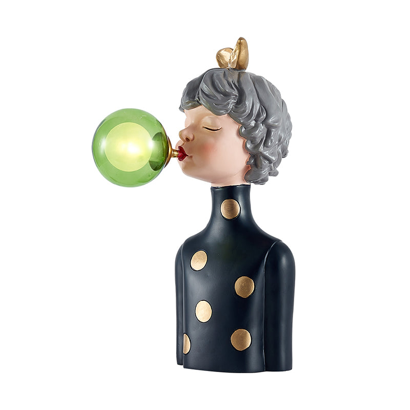 Blowing Bubble Girl Resin Desk Light Cartoon 1 Bulb Black Night Lamp with Clear/Blue/Green Glass Shade Clearhalo 'Lamps' 'Table Lamps' Lighting' 1724307