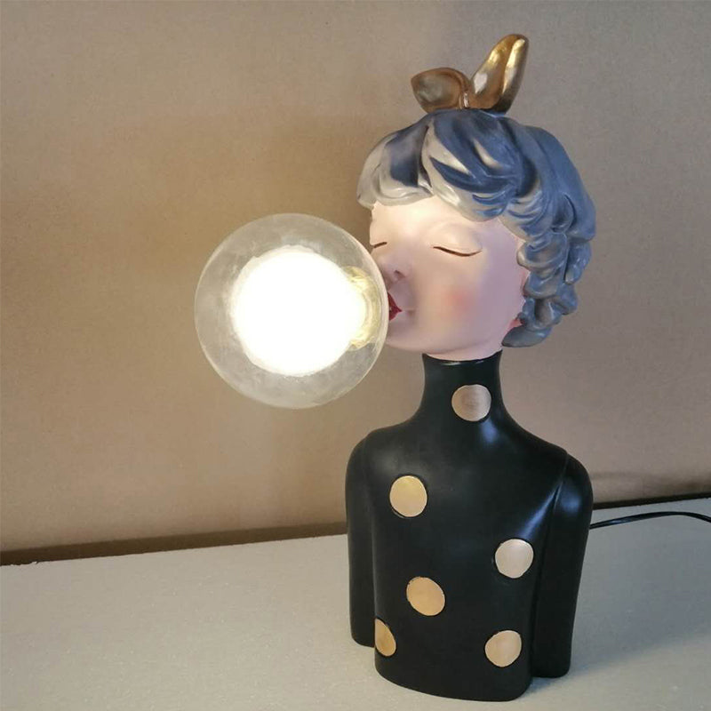 Blowing Bubble Girl Resin Desk Light Cartoon 1 Bulb Black Night Lamp with Clear/Blue/Green Glass Shade Clearhalo 'Lamps' 'Table Lamps' Lighting' 1724311