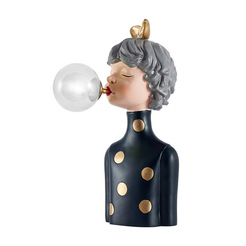 Blowing Bubble Girl Resin Desk Light Cartoon 1 Bulb Black Night Lamp with Clear/Blue/Green Glass Shade Clearhalo 'Lamps' 'Table Lamps' Lighting' 1724312