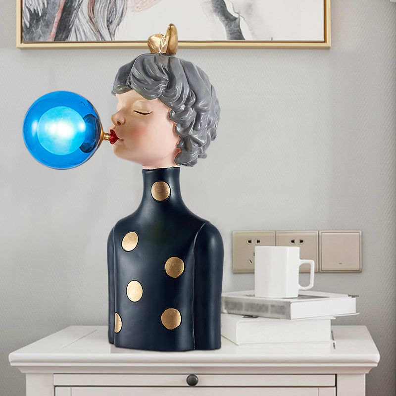 Blowing Bubble Girl Resin Desk Light Cartoon 1 Bulb Black Night Lamp with Clear/Blue/Green Glass Shade Blue Clearhalo 'Lamps' 'Table Lamps' Lighting' 1724313