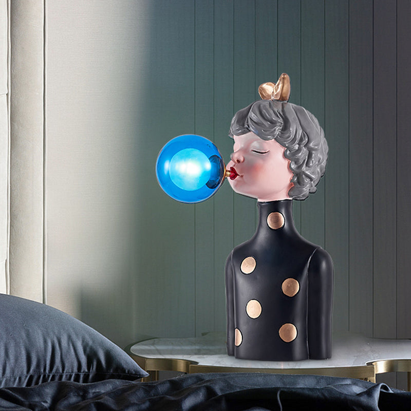 Blowing Bubble Girl Resin Desk Light Cartoon 1 Bulb Black Night Lamp with Clear/Blue/Green Glass Shade Clearhalo 'Lamps' 'Table Lamps' Lighting' 1724314