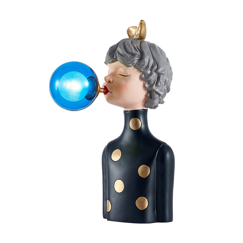 Blowing Bubble Girl Resin Desk Light Cartoon 1 Bulb Black Night Lamp with Clear/Blue/Green Glass Shade Clearhalo 'Lamps' 'Table Lamps' Lighting' 1724315