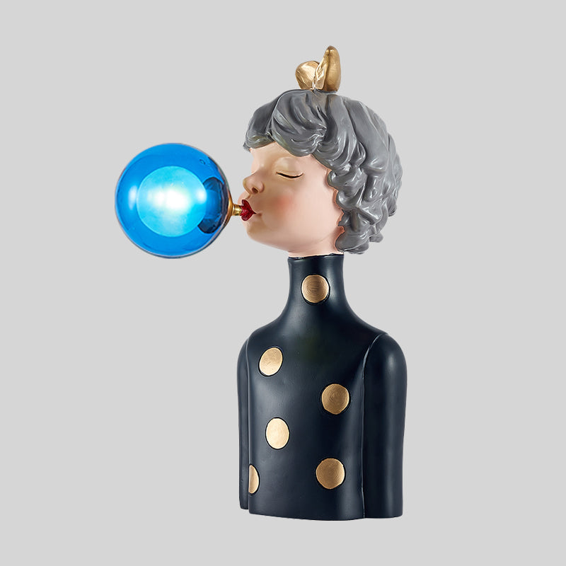 Blowing Bubble Girl Resin Desk Light Cartoon 1 Bulb Black Night Lamp with Clear/Blue/Green Glass Shade Clearhalo 'Lamps' 'Table Lamps' Lighting' 1724316