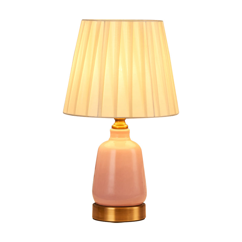 1 Head Bedroom Night Table Light Simple Style Pink Desk Lamp with Conical Pleated Fabric/Fabric Shade Clearhalo 'Lamps' 'Table Lamps' Lighting' 1724327