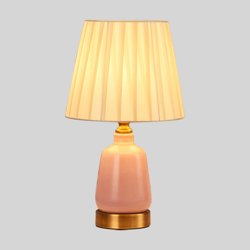 1 Head Bedroom Night Table Light Simple Style Pink Desk Lamp with Conical Pleated Fabric/Fabric Shade Clearhalo 'Lamps' 'Table Lamps' Lighting' 1724328