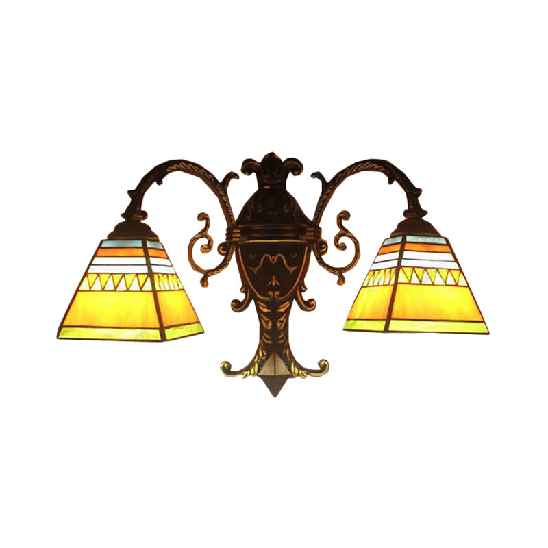 Pyramid Wall Lamp Mission Stained Glass 2 Heads Wall Mount Lighting in White/Blue/Yellow for Corridor Clearhalo 'Industrial' 'Middle century wall lights' 'Tiffany wall lights' 'Tiffany' 'Wall Lamps & Sconces' 'Wall Lights' Lighting' 172434