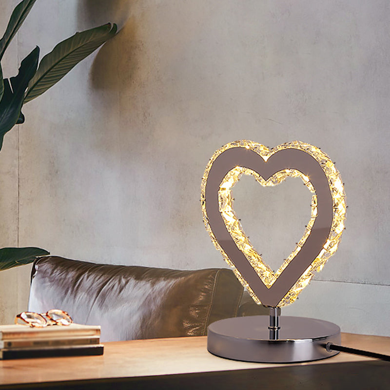 Loving Heart Crystal Block Desk Light Contemporary Chrome Nightstand Lighting for Bedside Chrome Clearhalo 'Lamps' 'Table Lamps' Lighting' 1724345