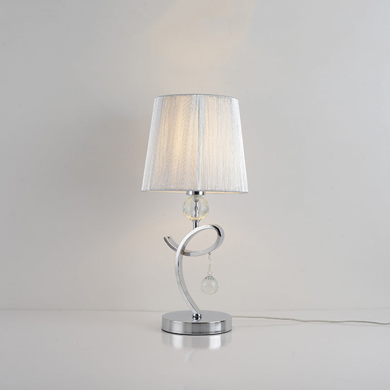 Fabric Barrel Shade Night Table Lamp Modernist LED Chrome Task Lighting with Crystal Droplet Chrome Clearhalo 'Lamps' 'Table Lamps' Lighting' 1724349