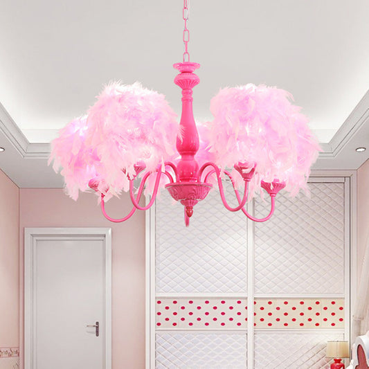 5 Lights Pink Curvy Arm Chandelier Lamp Kids Metal Suspension Lighting with Feather Shade Clearhalo 'Ceiling Lights' 'Chandeliers' Lighting' options 1724353
