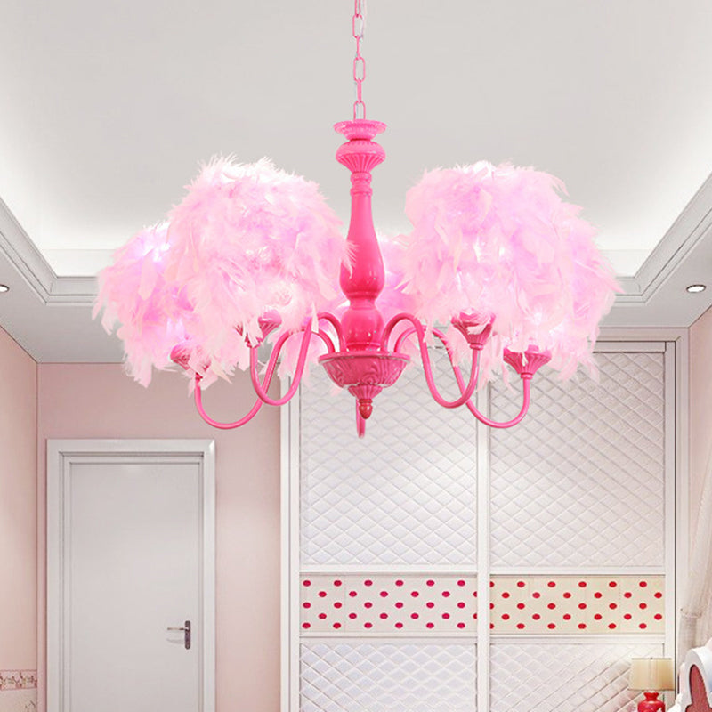 5 Lights Pink Curvy Arm Chandelier Lamp Kids Metal Suspension Lighting with Feather Shade Pink Clearhalo 'Ceiling Lights' 'Chandeliers' Lighting' options 1724353_68645477-0a39-4497-a717-d342b25040e0