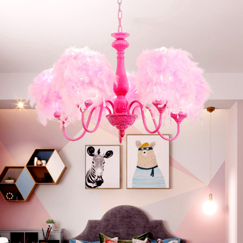 5 Lights Pink Curvy Arm Chandelier Lamp Kids Metal Suspension Lighting with Feather Shade Clearhalo 'Ceiling Lights' 'Chandeliers' Lighting' options 1724354