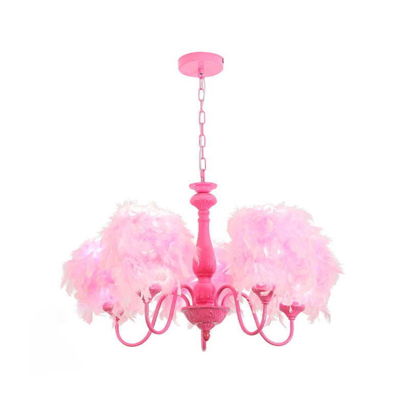 5 Lights Pink Curvy Arm Chandelier Lamp Kids Metal Suspension Lighting with Feather Shade Clearhalo 'Ceiling Lights' 'Chandeliers' Lighting' options 1724355