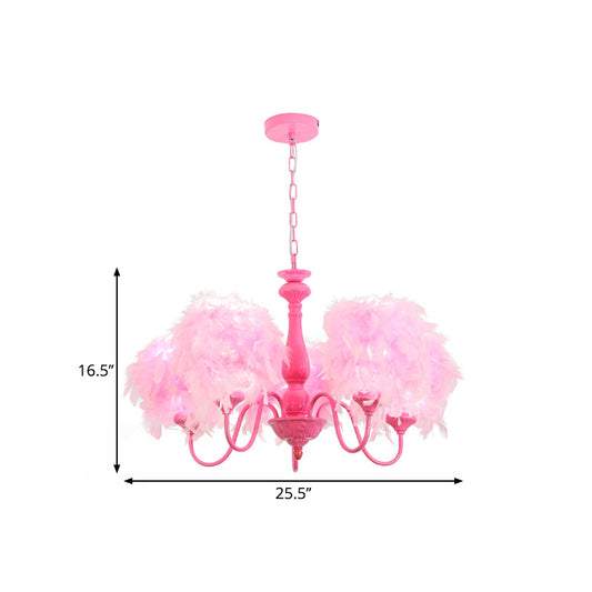 5 Lights Pink Curvy Arm Chandelier Lamp Kids Metal Suspension Lighting with Feather Shade Clearhalo 'Ceiling Lights' 'Chandeliers' Lighting' options 1724356
