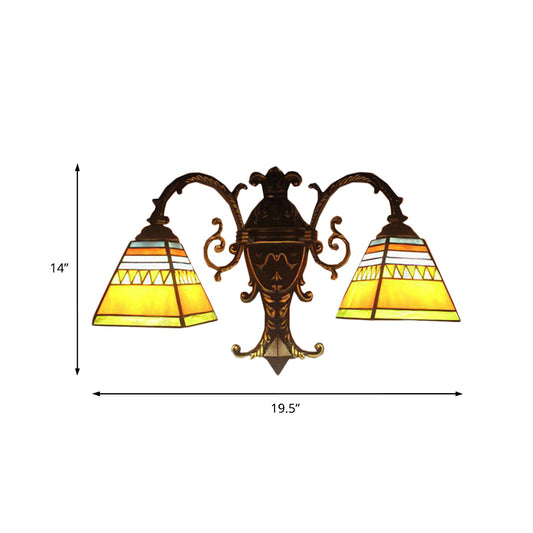 Pyramid Wall Lamp Mission Stained Glass 2 Heads Wall Mount Lighting in White/Blue/Yellow for Corridor Clearhalo 'Industrial' 'Middle century wall lights' 'Tiffany wall lights' 'Tiffany' 'Wall Lamps & Sconces' 'Wall Lights' Lighting' 172435
