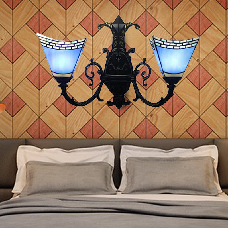 Pyramid Wall Lamp Mission Stained Glass 2 Heads Wall Mount Lighting in White/Blue/Yellow for Corridor Clearhalo 'Industrial' 'Middle century wall lights' 'Tiffany wall lights' 'Tiffany' 'Wall Lamps & Sconces' 'Wall Lights' Lighting' 172440