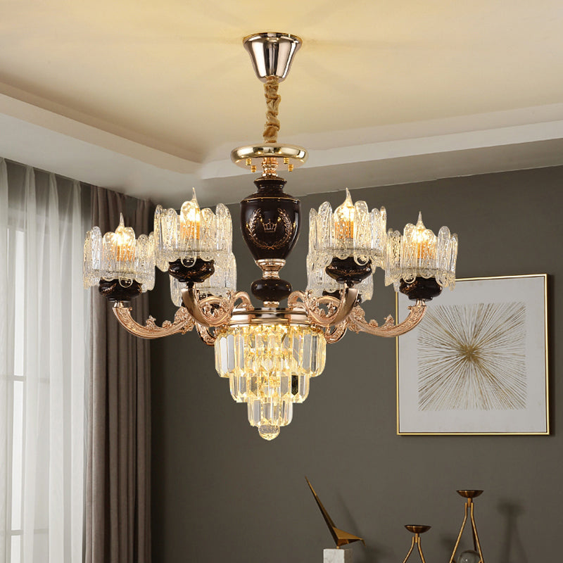 Simplicity 3-Tier Suspension Light Crystal Prisms 6-Bulb Parlor Chandelier with Clear Glass Shade in Gold Gold Clearhalo 'Ceiling Lights' 'Chandeliers' 'Glass shade' 'Glass' 'Modern Chandeliers' 'Modern' 'Pendant Lights' Lighting' 1724427