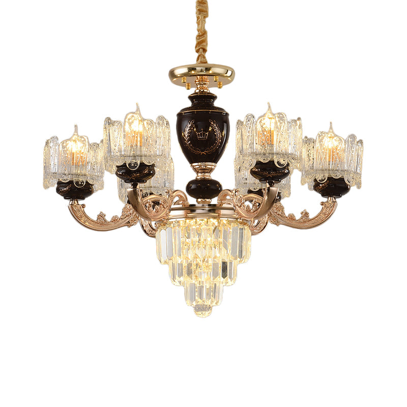 Simplicity 3-Tier Suspension Light Crystal Prisms 6-Bulb Parlor Chandelier with Clear Glass Shade in Gold Clearhalo 'Ceiling Lights' 'Chandeliers' 'Glass shade' 'Glass' 'Modern Chandeliers' 'Modern' 'Pendant Lights' Lighting' 1724429