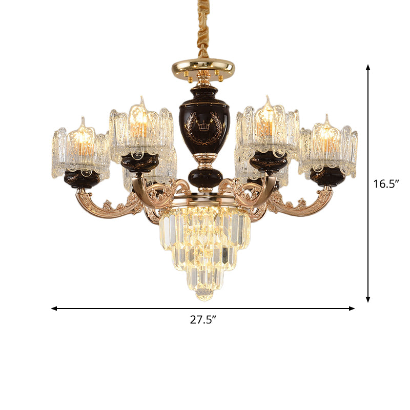 Simplicity 3-Tier Suspension Light Crystal Prisms 6-Bulb Parlor Chandelier with Clear Glass Shade in Gold Clearhalo 'Ceiling Lights' 'Chandeliers' 'Glass shade' 'Glass' 'Modern Chandeliers' 'Modern' 'Pendant Lights' Lighting' 1724430