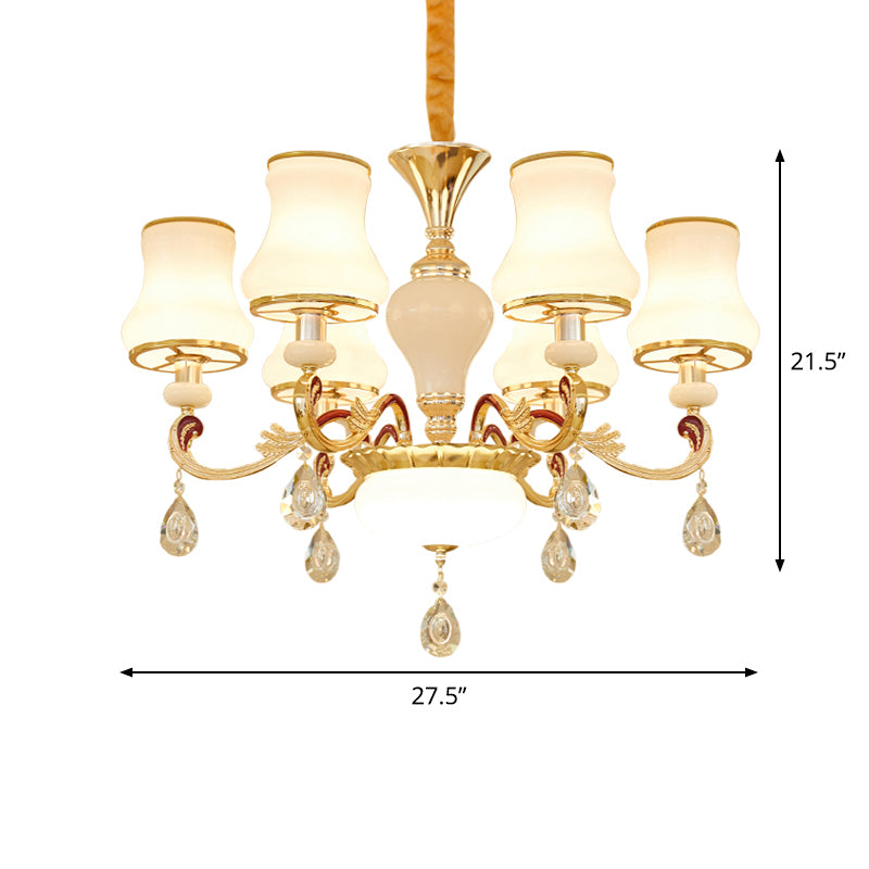 Opal Glass Curved Cone Chandelier Light Contemporary 3/6 Bulbs Gold Drop Pendant with Crystal Drop Deco Clearhalo 'Ceiling Lights' 'Chandeliers' 'Modern Chandeliers' 'Modern' Lighting' 1724474