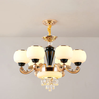 3-Layer Sitting Room Ceiling Pendant Crystal Block 6-Light Simple Chandelier with Opal Glass Global Shade in Gold Gold Clearhalo 'Ceiling Lights' 'Chandeliers' 'Modern Chandeliers' 'Modern' Lighting' 1724475