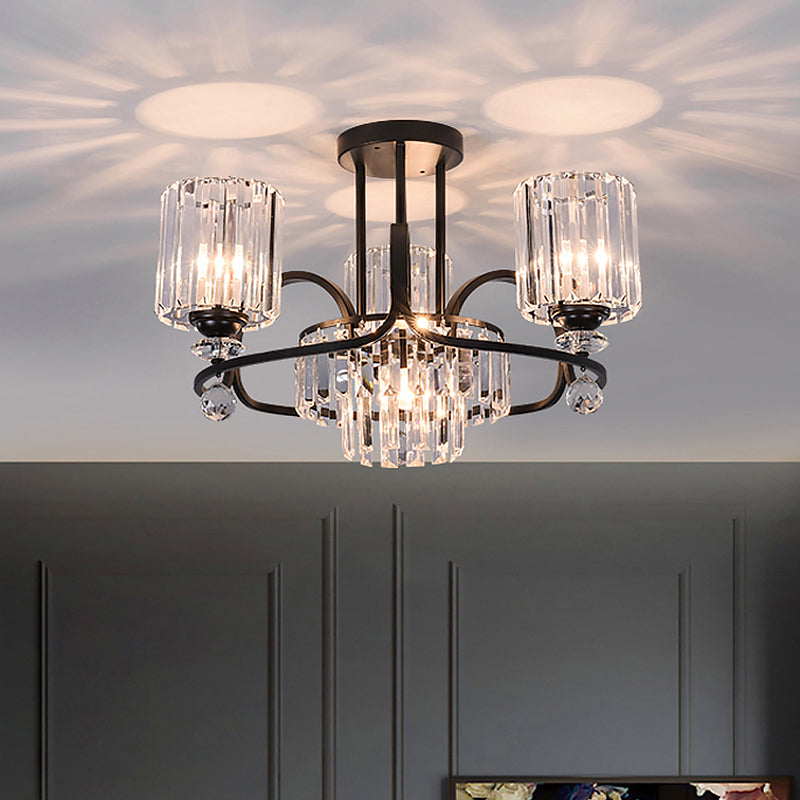 Cylindrical Suspension Lamp Modernist Crystal Prisms 4-Bulb Drawing Room Ceiling Chandelier in Black Black Clearhalo 'Ceiling Lights' 'Chandeliers' 'Modern Chandeliers' 'Modern' Lighting' 1724483