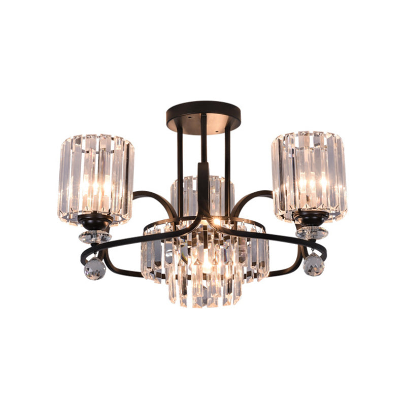 Cylindrical Suspension Lamp Modernist Crystal Prisms 4-Bulb Drawing Room Ceiling Chandelier in Black Clearhalo 'Ceiling Lights' 'Chandeliers' 'Modern Chandeliers' 'Modern' Lighting' 1724484