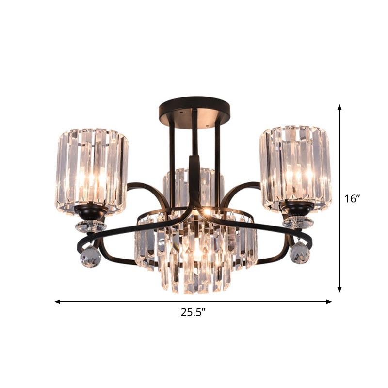Cylindrical Suspension Lamp Modernist Crystal Prisms 4-Bulb Drawing Room Ceiling Chandelier in Black Clearhalo 'Ceiling Lights' 'Chandeliers' 'Modern Chandeliers' 'Modern' Lighting' 1724486