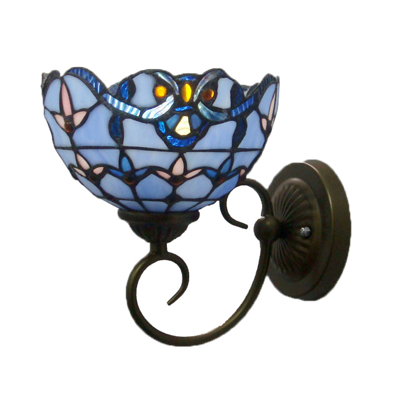 Bowl Wall Mount Light with Curved Arm 1 Light Stained Glass Victorian Sconce Light in Brown/Blue Clearhalo 'Industrial' 'Middle century wall lights' 'Tiffany wall lights' 'Tiffany' 'Wall Lamps & Sconces' 'Wall Lights' Lighting' 172452