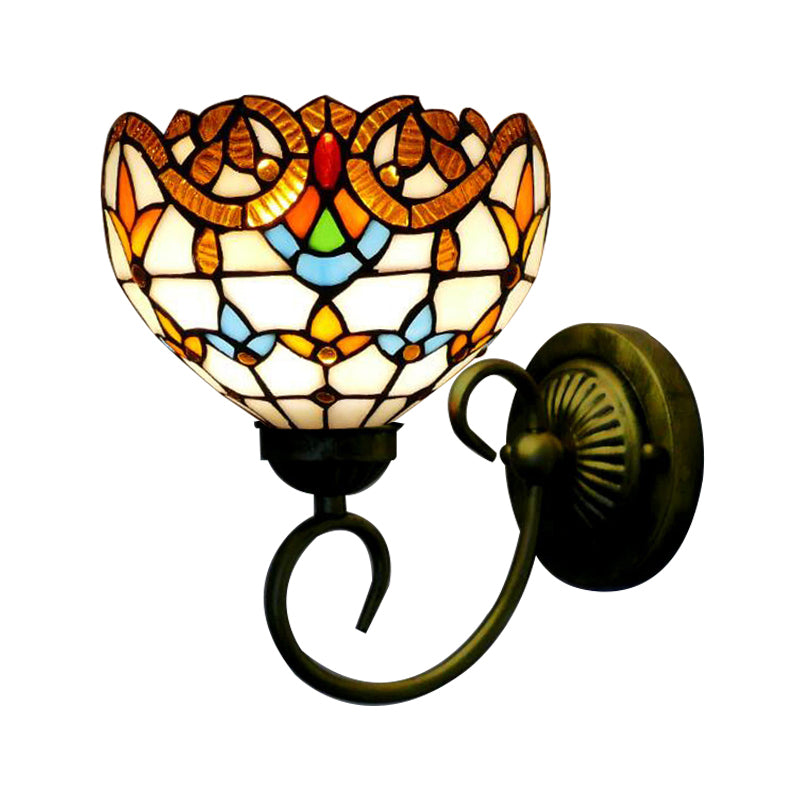 Bowl Wall Mount Light with Curved Arm 1 Light Stained Glass Victorian Sconce Light in Brown/Blue Clearhalo 'Industrial' 'Middle century wall lights' 'Tiffany wall lights' 'Tiffany' 'Wall Lamps & Sconces' 'Wall Lights' Lighting' 172456