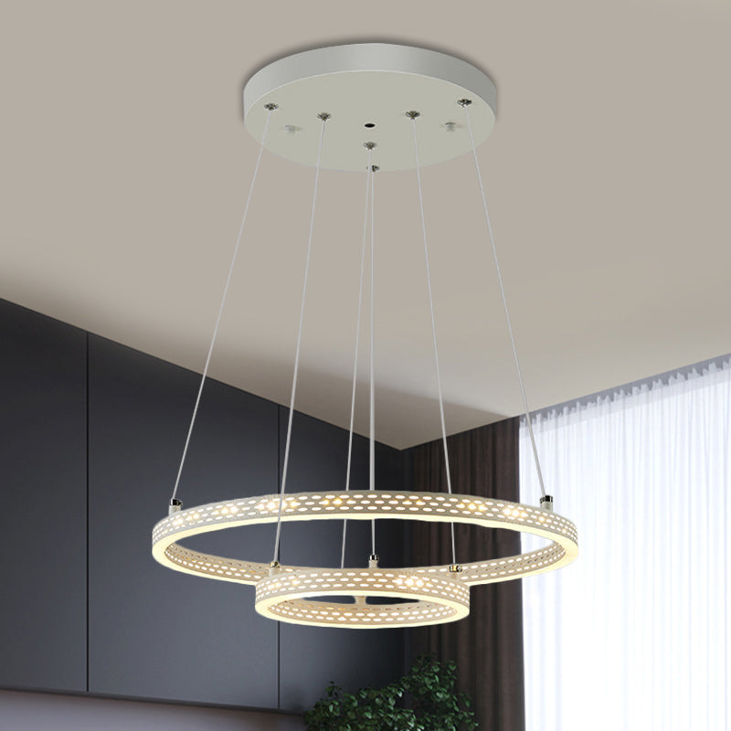 2-Tier Hoop Dining Room Down Lighting Metallic LED Minimalist Pendant Chandelier in White White Clearhalo 'Ceiling Lights' 'Chandeliers' 'Modern Chandeliers' 'Modern' Lighting' 1724588
