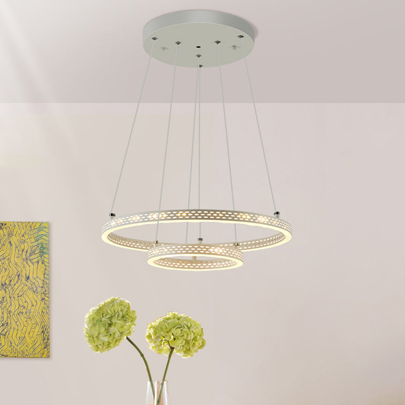 2-Tier Hoop Dining Room Down Lighting Metallic LED Minimalist Pendant Chandelier in White Clearhalo 'Ceiling Lights' 'Chandeliers' 'Modern Chandeliers' 'Modern' Lighting' 1724589