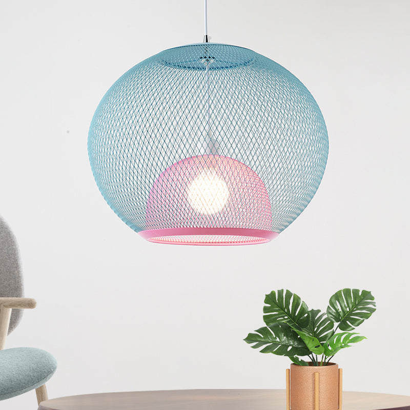 Global Mesh Restaurant Pendant Light Metallic 1-Bulb Macaron Ceiling Hang Fixture in Pink/Yellow/Blue Clearhalo 'Ceiling Lights' 'Pendant Lights' 'Pendants' Lighting' 1724663