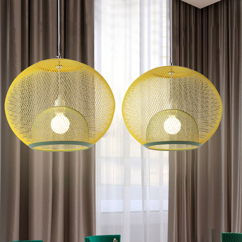 Global Mesh Restaurant Pendant Light Metallic 1-Bulb Macaron Ceiling Hang Fixture in Pink/Yellow/Blue Yellow Clearhalo 'Ceiling Lights' 'Pendant Lights' 'Pendants' Lighting' 1724667_25d7cc4d-670f-4c31-8352-f735e181207c