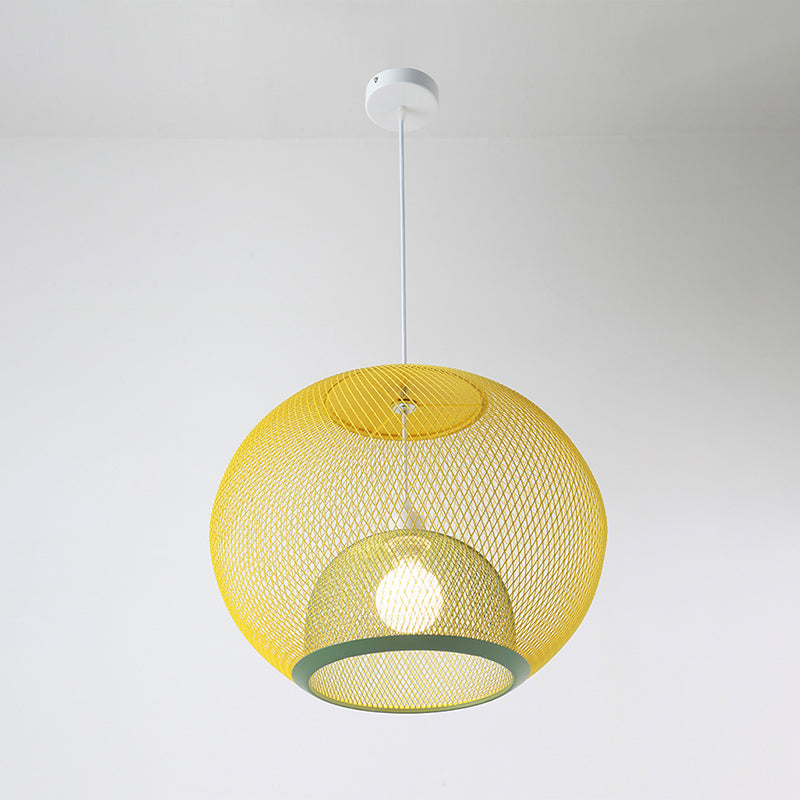 Global Mesh Restaurant Pendant Light Metallic 1-Bulb Macaron Ceiling Hang Fixture in Pink/Yellow/Blue Clearhalo 'Ceiling Lights' 'Pendant Lights' 'Pendants' Lighting' 1724669