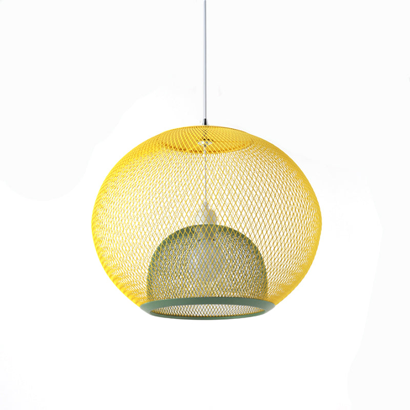 Global Mesh Restaurant Pendant Light Metallic 1-Bulb Macaron Ceiling Hang Fixture in Pink/Yellow/Blue Clearhalo 'Ceiling Lights' 'Pendant Lights' 'Pendants' Lighting' 1724670
