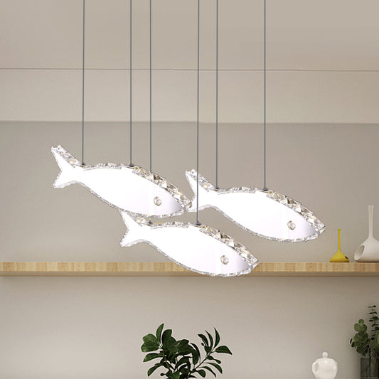Fish Multi Pendant Simple Faceted Crystal 3/6 Heads Bedroom Hanging Lamp Kit in Stainless-Steel, Warm/White Light 3 Stainless-Steel