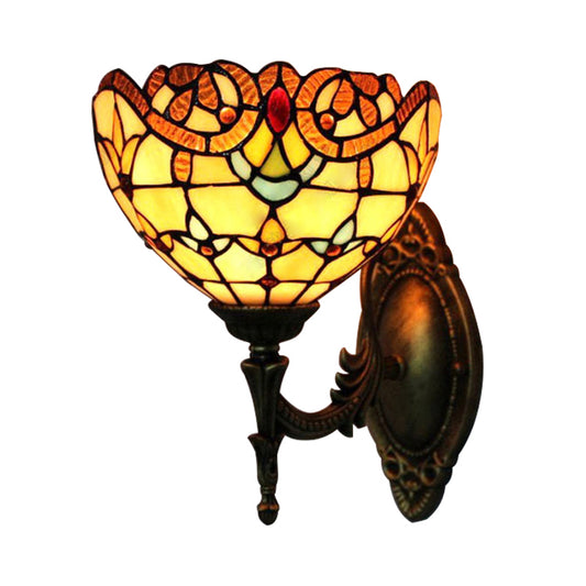 Victorian Bowl Wall Lamp Stained Glass 1 Light Indoor Wall Mount Light in Brown for Corridor Clearhalo 'Industrial' 'Middle century wall lights' 'Tiffany wall lights' 'Tiffany' 'Wall Lamps & Sconces' 'Wall Lights' Lighting' 172480