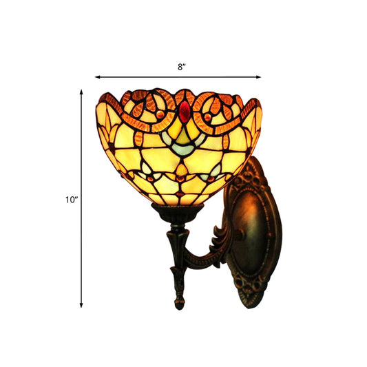 Victorian Bowl Wall Lamp Stained Glass 1 Light Indoor Wall Mount Light in Brown for Corridor Clearhalo 'Industrial' 'Middle century wall lights' 'Tiffany wall lights' 'Tiffany' 'Wall Lamps & Sconces' 'Wall Lights' Lighting' 172481