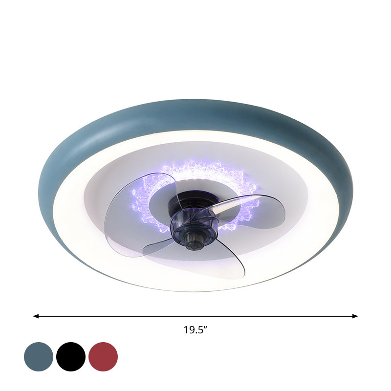 Metal Doughnut Ceiling Fan Lamp Macaron LED Semi Flush Light in Black/Red/Blue with 3-Blade, 19.5" Wide Clearhalo 'Ceiling Fans with Lights' 'Ceiling Fans' 'Kids Ceiling Fans' 'Kids' Lighting' 1724824