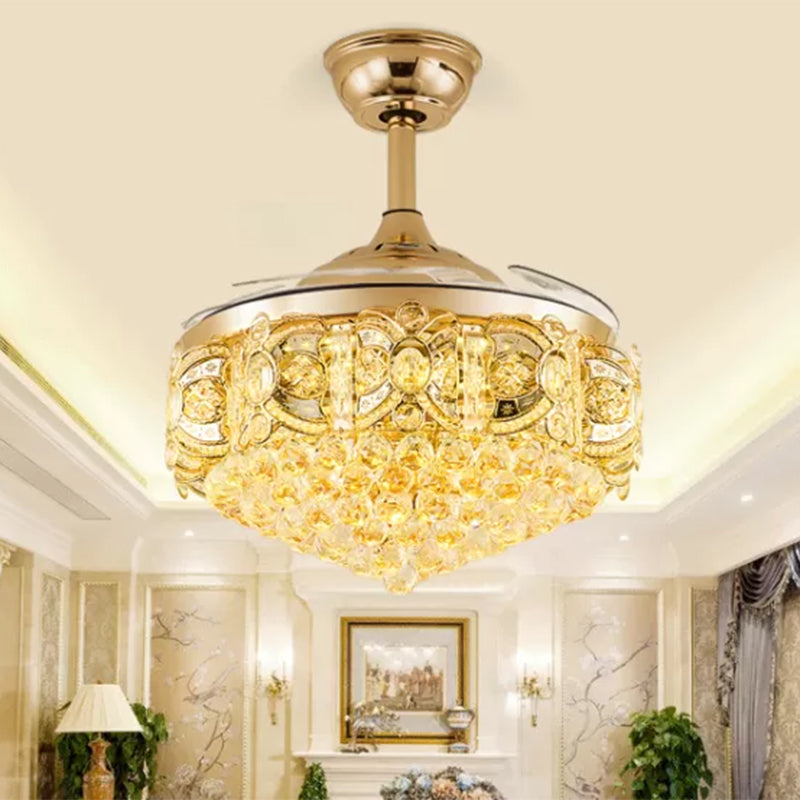 19" W Tapered Ceiling Fan Lamp Victorian Crystal Orbs LED Parlor Semi Flush Light in Gold with 4 Blades Gold Clearhalo 'Ceiling Fans with Lights' 'Ceiling Fans' 'Modern Ceiling Fans' 'Modern' Lighting' 1724850