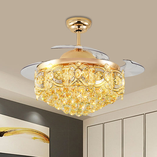 19" W Tapered Ceiling Fan Lamp Victorian Crystal Orbs LED Parlor Semi Flush Light in Gold with 4 Blades Clearhalo 'Ceiling Fans with Lights' 'Ceiling Fans' 'Modern Ceiling Fans' 'Modern' Lighting' 1724851