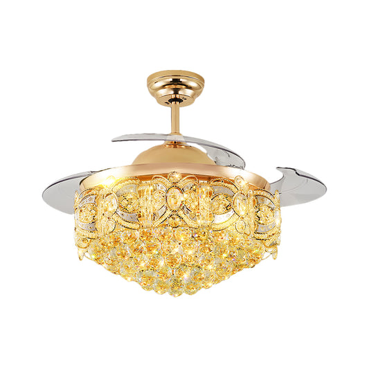 19" W Tapered Ceiling Fan Lamp Victorian Crystal Orbs LED Parlor Semi Flush Light in Gold with 4 Blades Clearhalo 'Ceiling Fans with Lights' 'Ceiling Fans' 'Modern Ceiling Fans' 'Modern' Lighting' 1724852