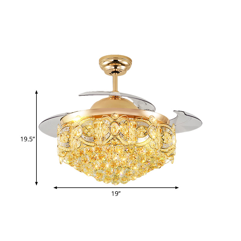 19" W Tapered Ceiling Fan Lamp Victorian Crystal Orbs LED Parlor Semi Flush Light in Gold with 4 Blades Clearhalo 'Ceiling Fans with Lights' 'Ceiling Fans' 'Modern Ceiling Fans' 'Modern' Lighting' 1724853